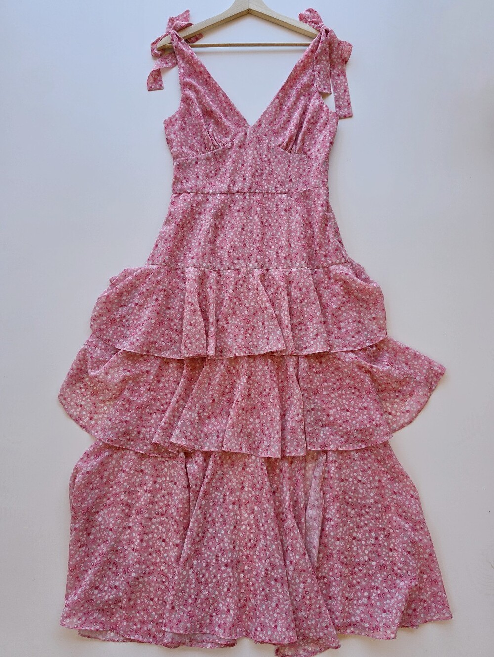 Wayf Pink Floral Tie-Shoulder Tiered Maxi Dress